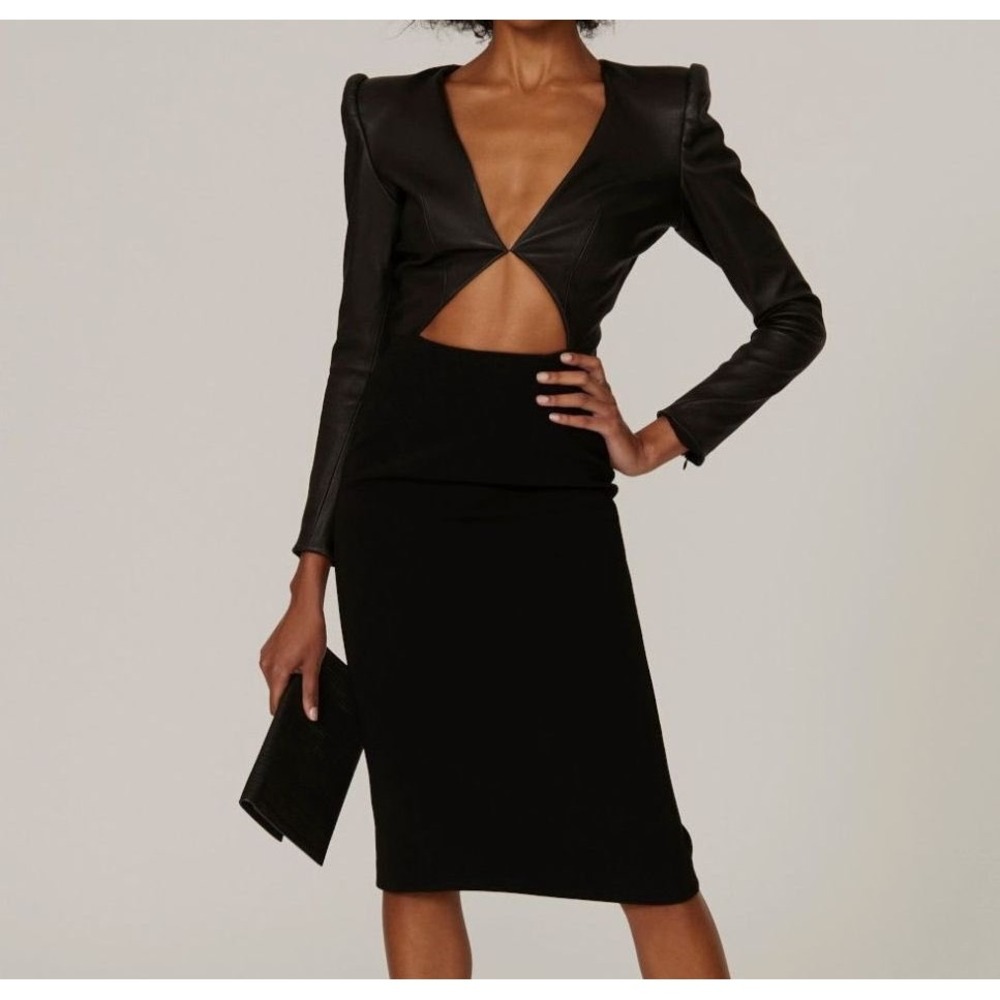 Sergio Hudson Leather Mixed Media Cutout Dress in Black‎ Size 10 - Picture 7 of 15